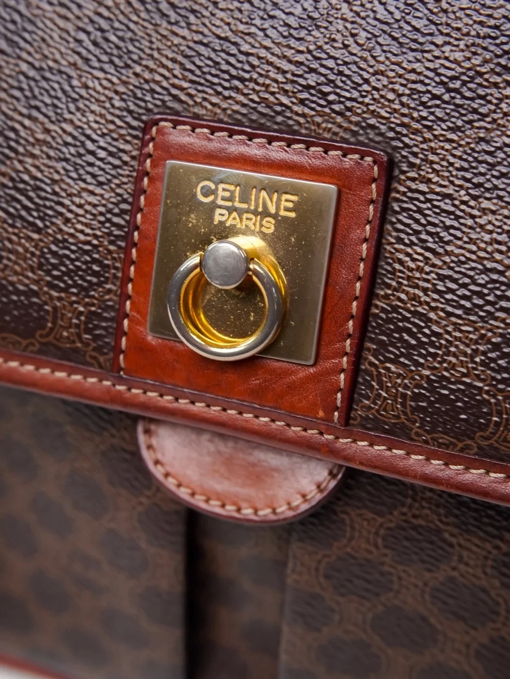 Vintage CELINE Macadam Monogram Crossbody Bag Brown Leather 90s